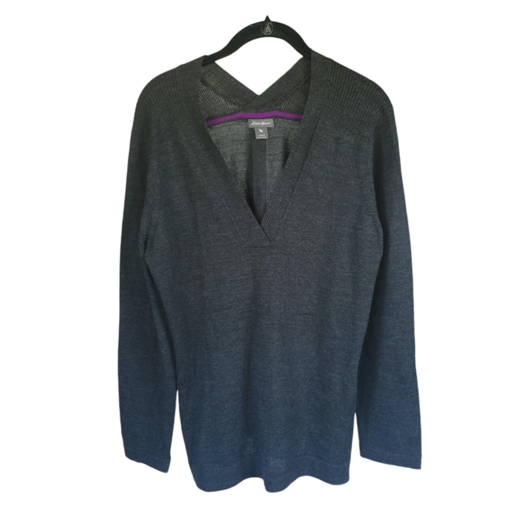 EDDIE BAUER Womens L Merino Wool Blend VNeck Sweater Grey Cozy Capsule Everyday